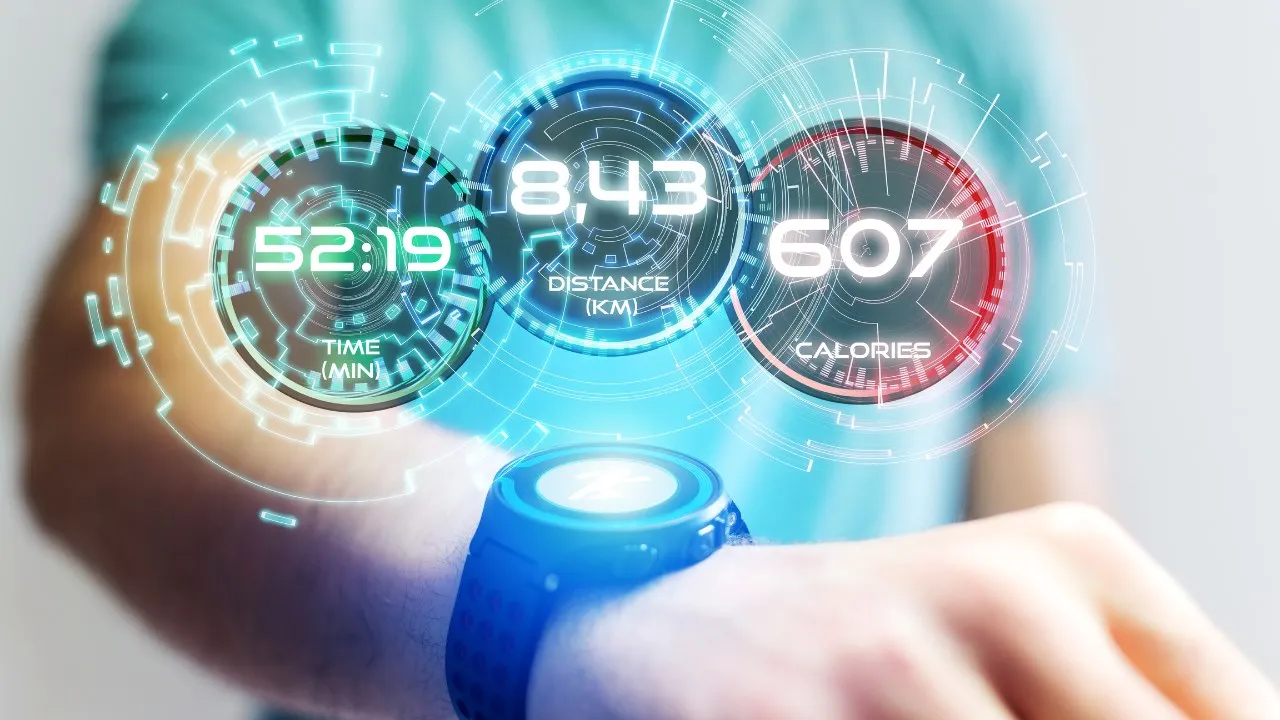 Een foto van een horloge van de toekomst met hologrammen.